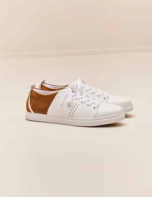 Baskets basses René - Cuir blanc et velours côtelé beige