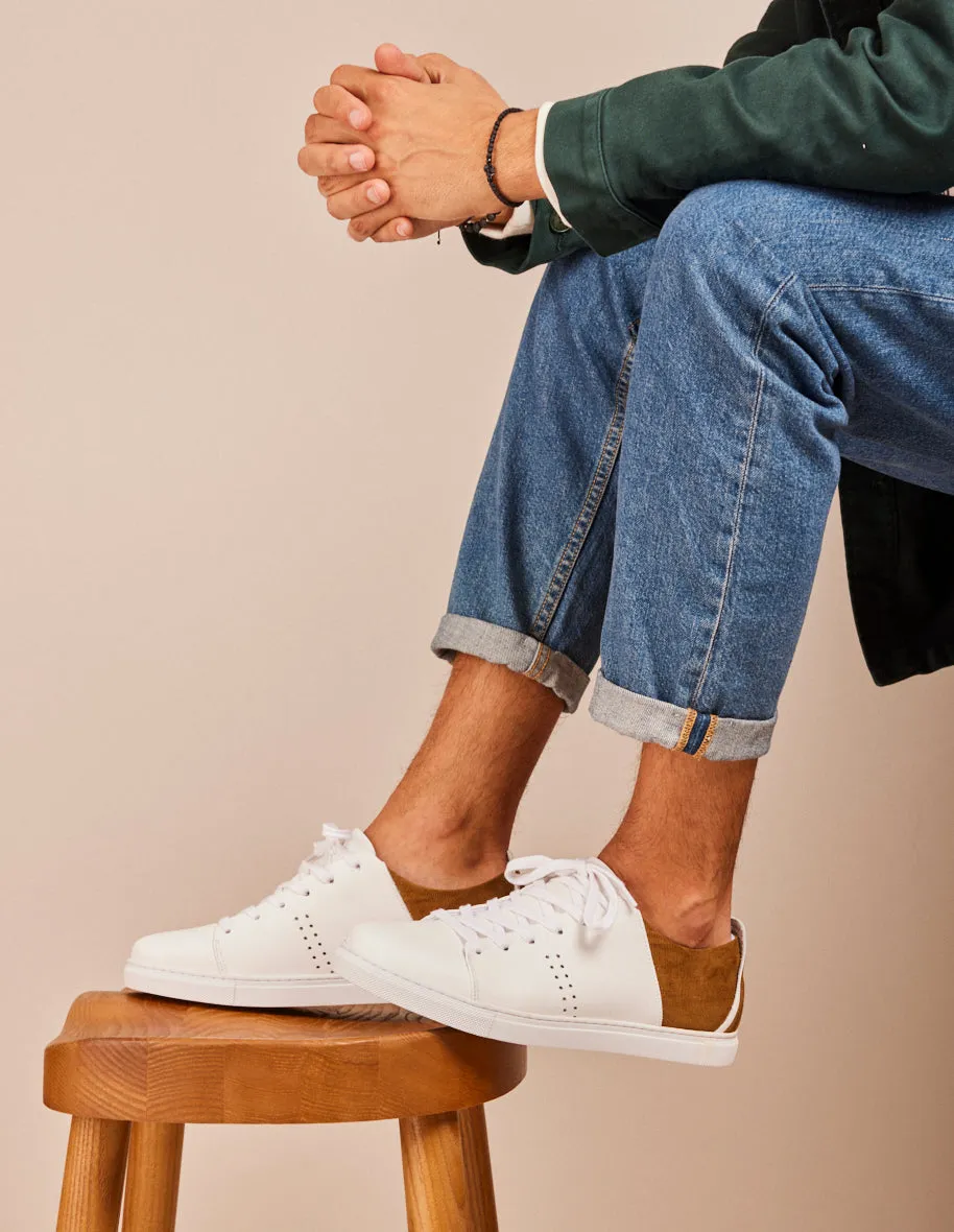 Baskets basses René - Cuir blanc et velours côtelé beige