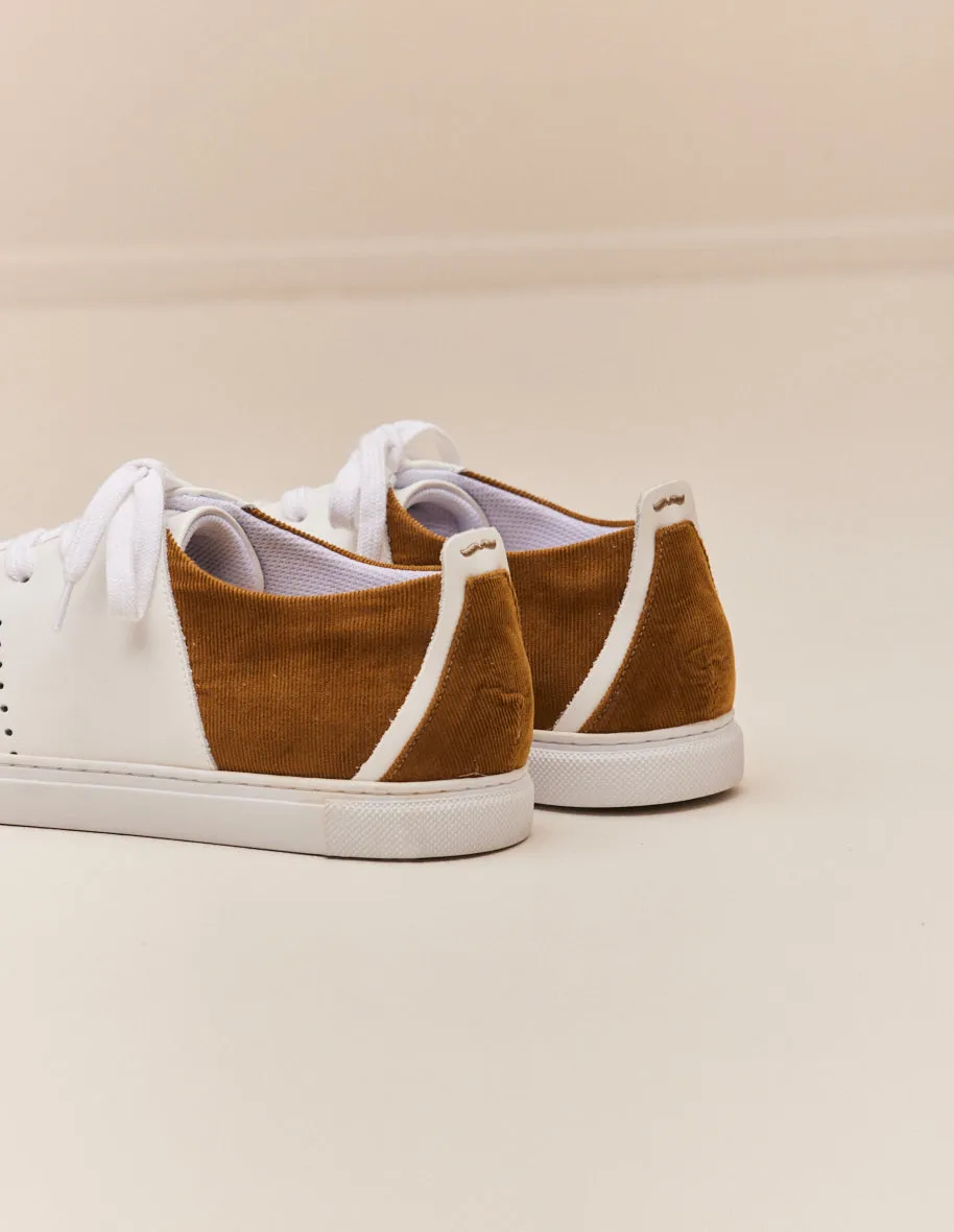Baskets basses René - Cuir blanc et velours côtelé beige