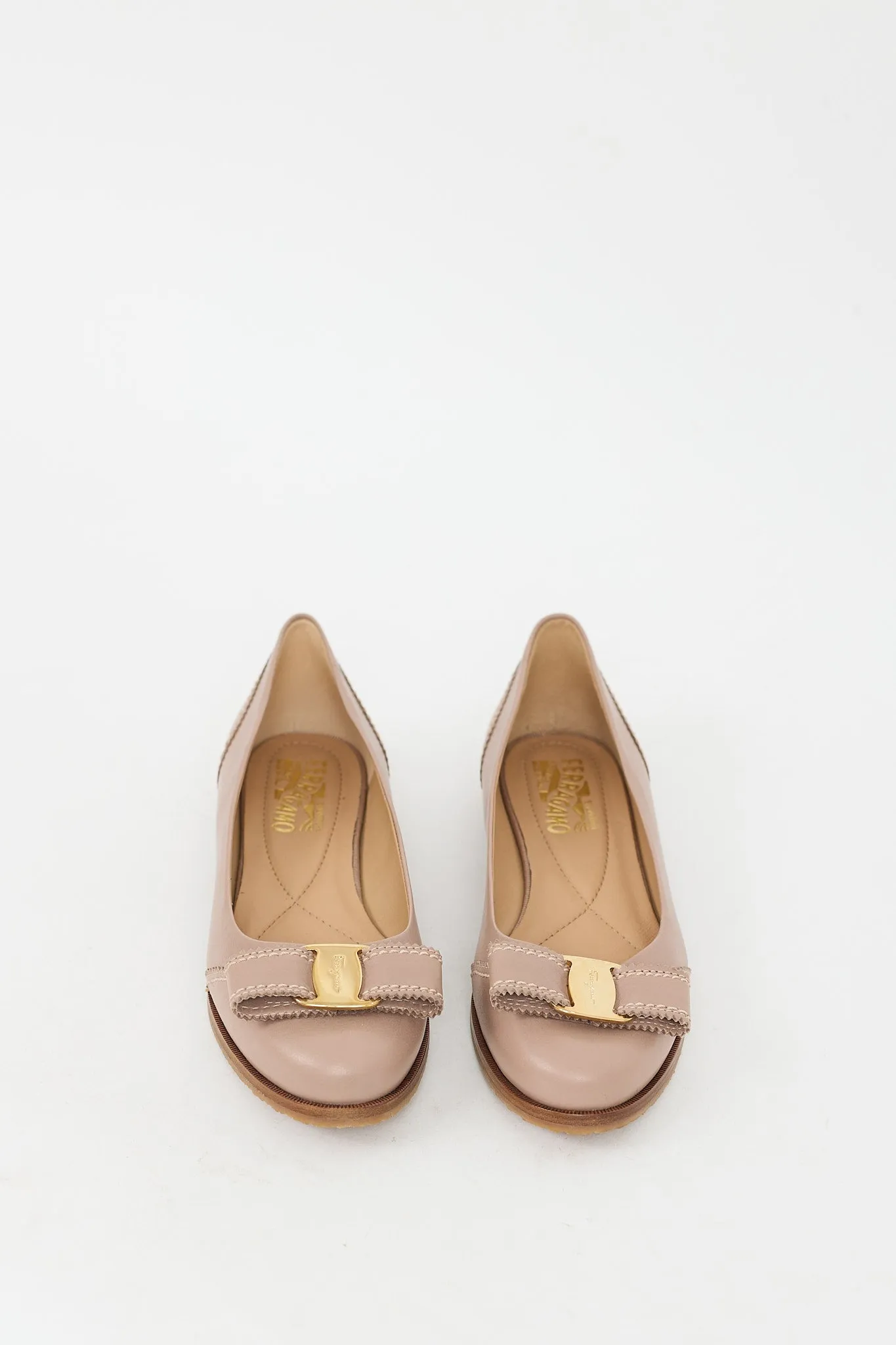 Beige Leather Vara Bow Stitched Flat