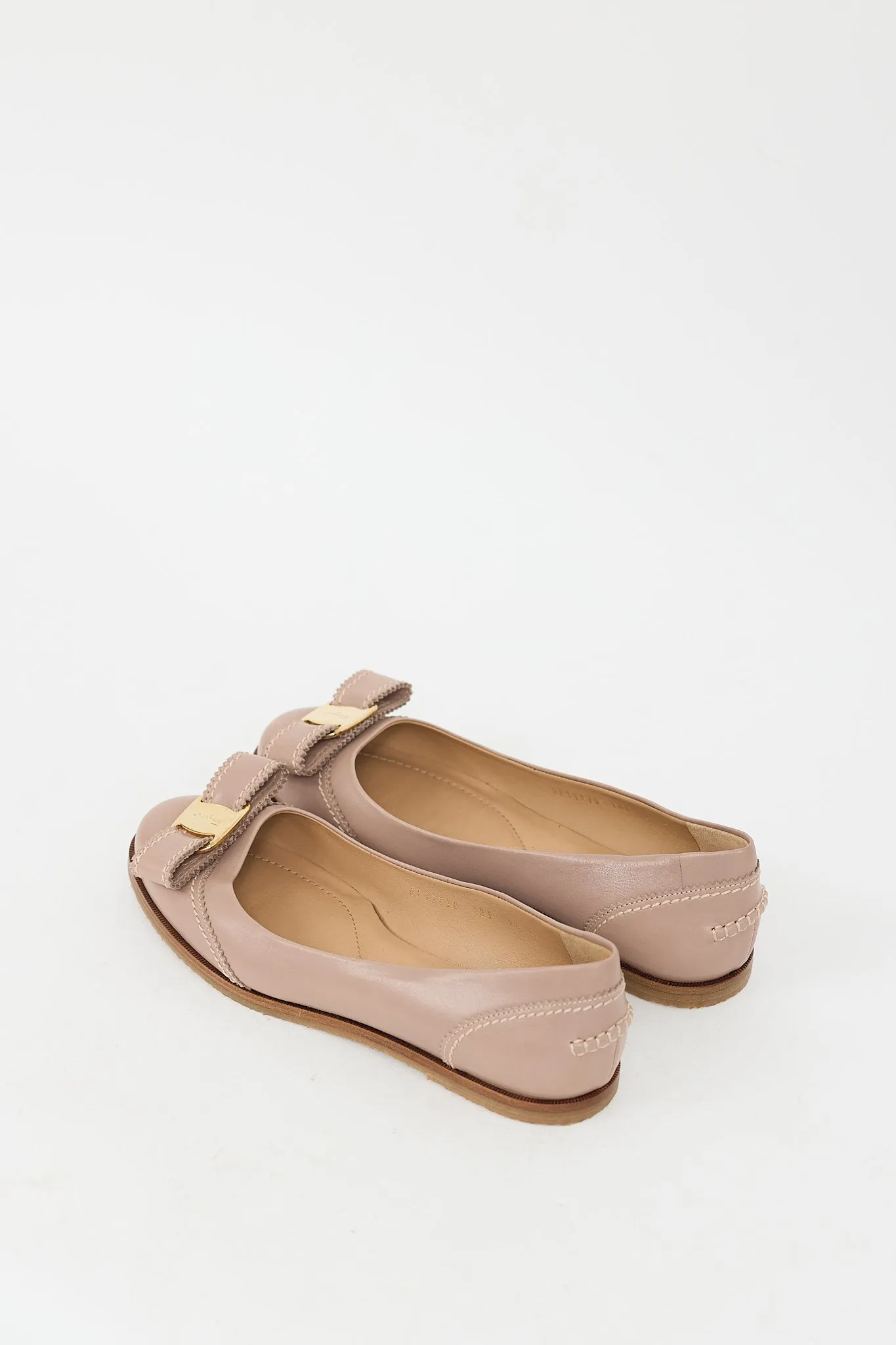 Beige Leather Vara Bow Stitched Flat