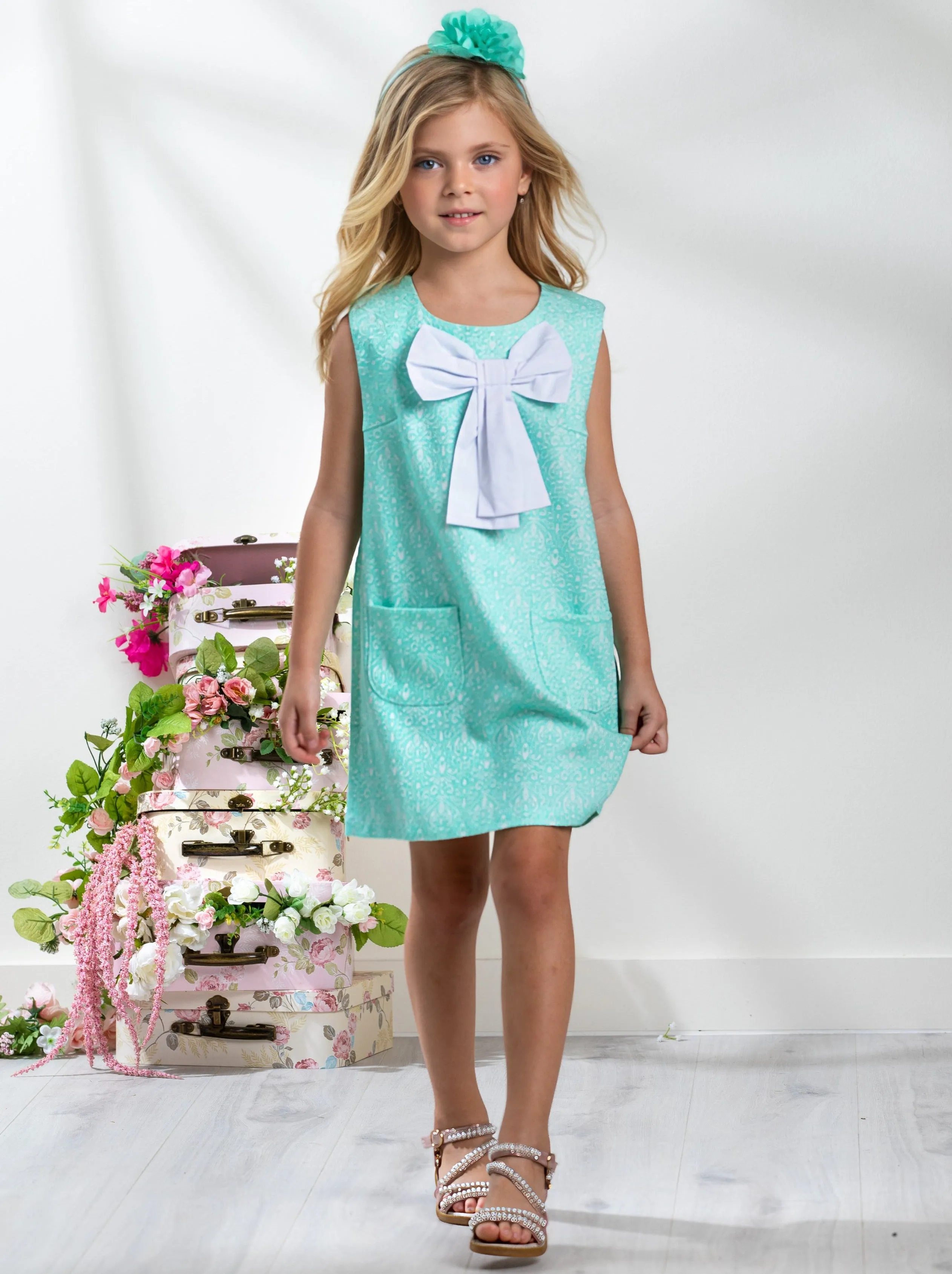 Big Bow Mint Jacquard Dress by Kids Couture
