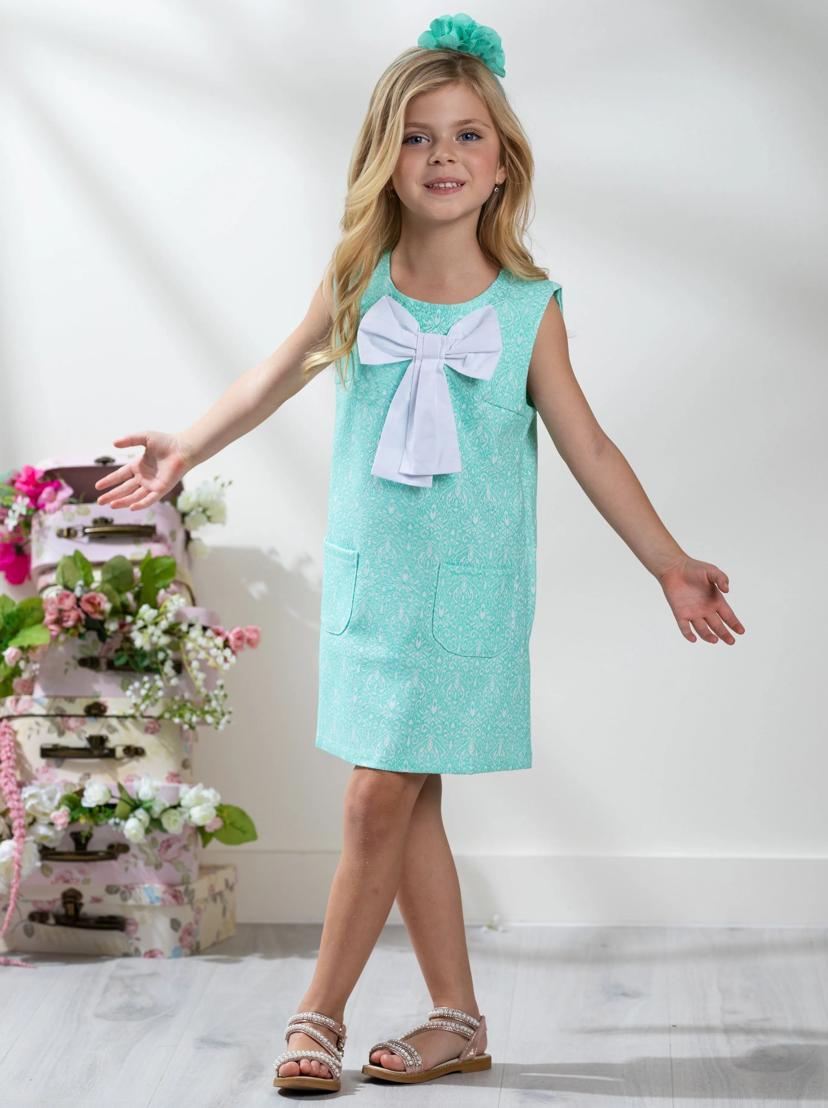 Big Bow Mint Jacquard Dress by Kids Couture