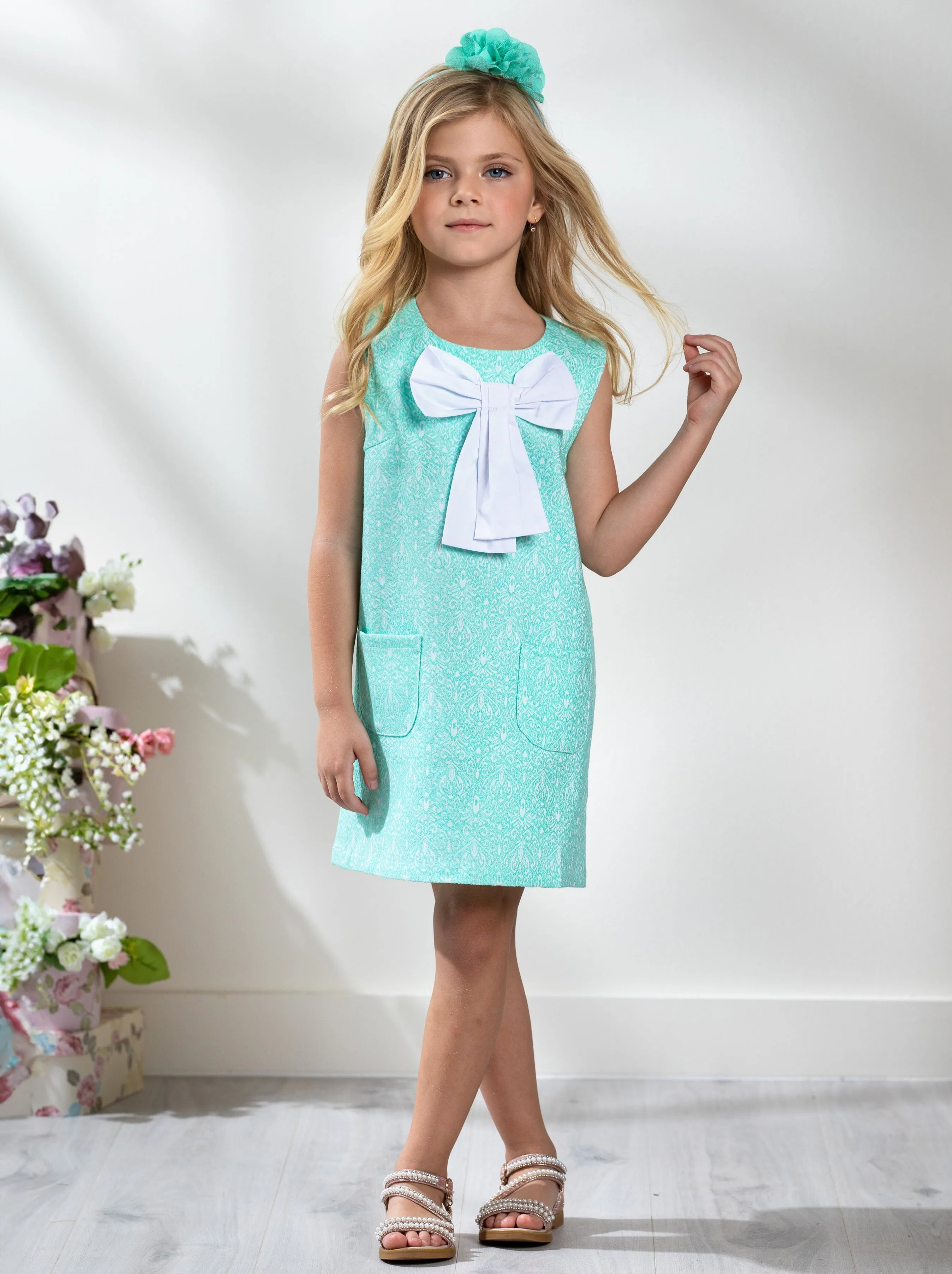 Big Bow Mint Jacquard Dress by Kids Couture