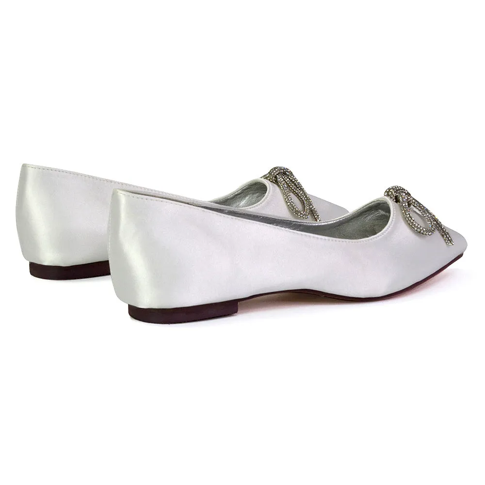 Blossom Diamante Bow Detail Pointed Toe Ballerina Pumps in Fuchsia