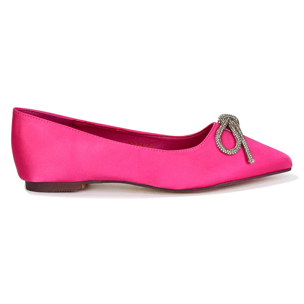 Blossom Diamante Bow Detail Pointed Toe Ballerina Pumps in Fuchsia