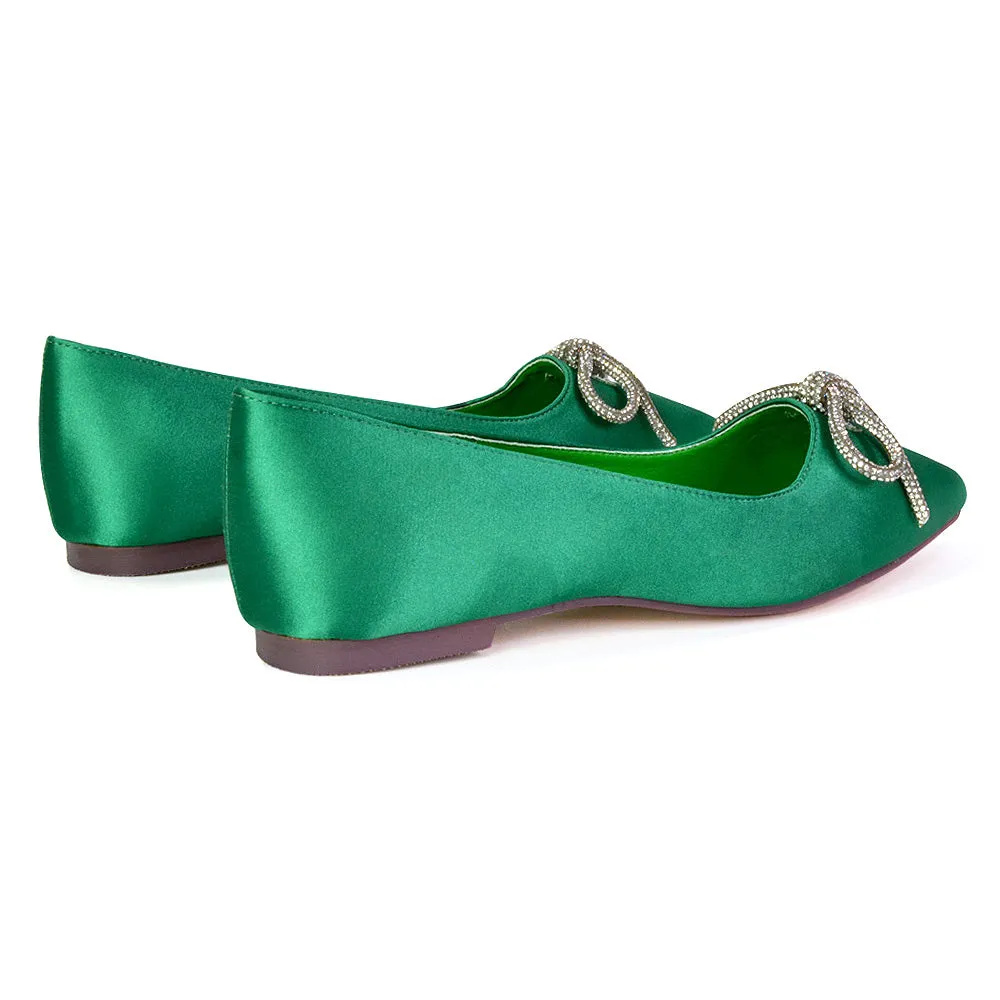 Blossom Diamante Bow Detail Pointed Toe Ballerina Pumps in Fuchsia