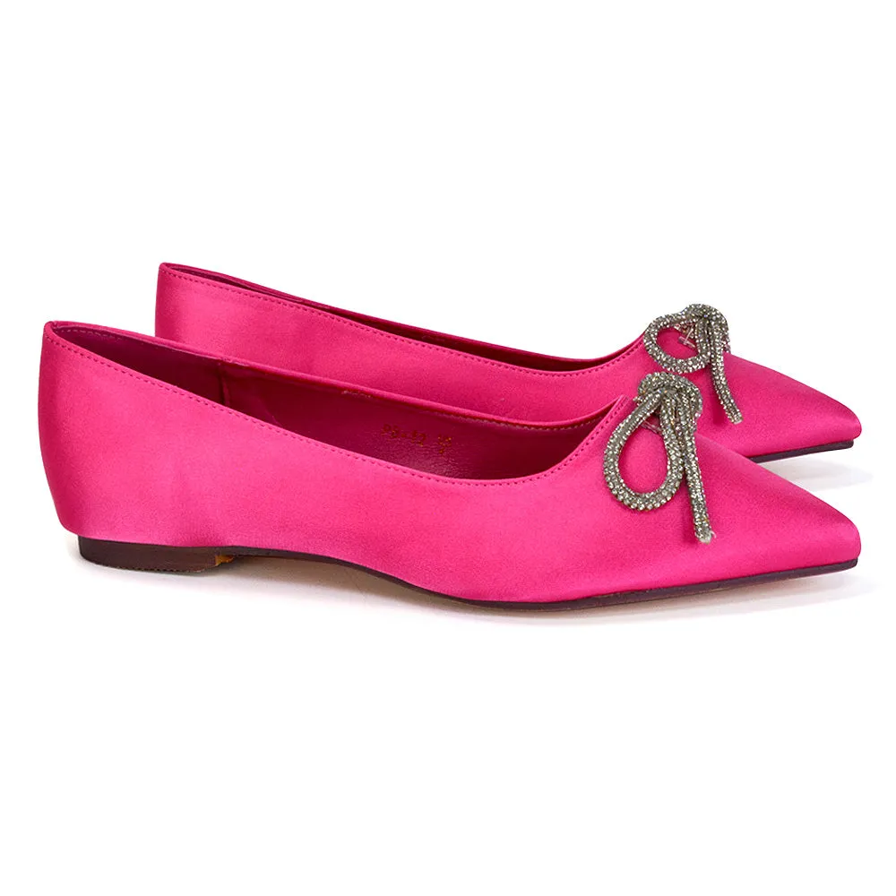Blossom Diamante Bow Detail Pointed Toe Ballerina Pumps in Fuchsia