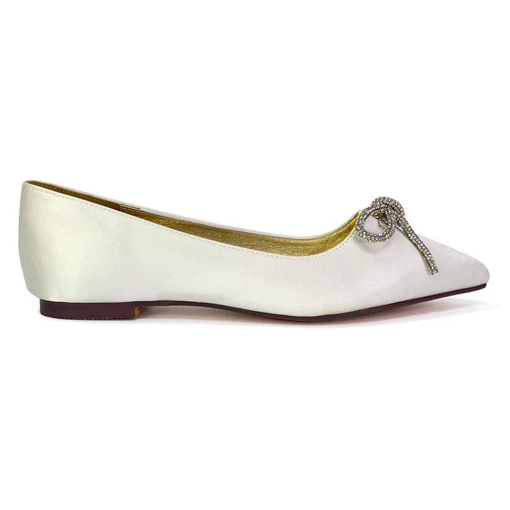 Blossom Diamante Bow Detail Pointed Toe Ballerina Pumps in Fuchsia
