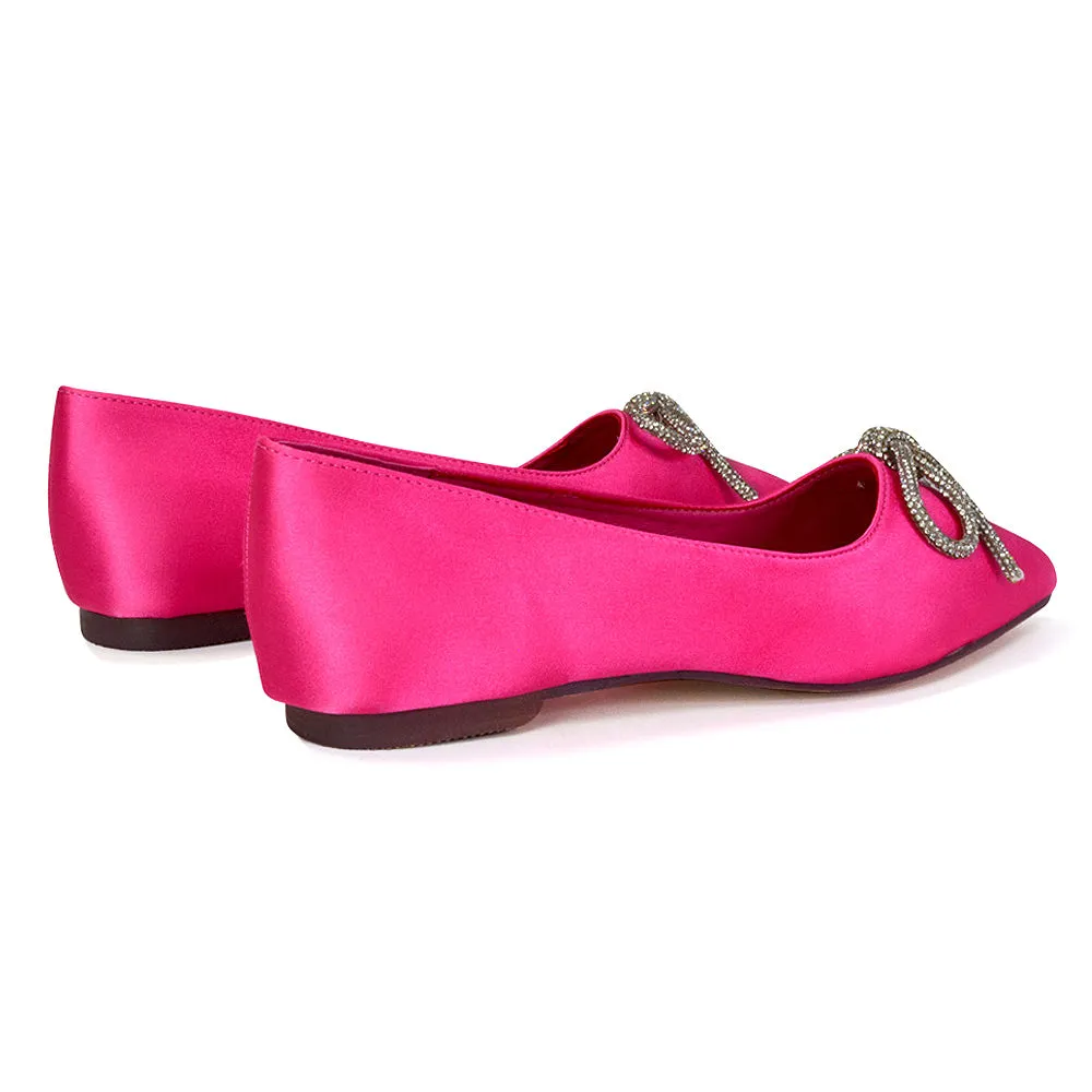 Blossom Diamante Bow Detail Pointed Toe Ballerina Pumps in Fuchsia