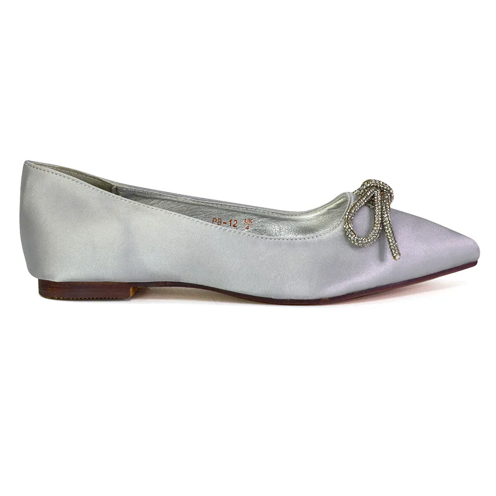 Blossom Diamante Bow Detail Pointed Toe Ballerina Pumps in Fuchsia