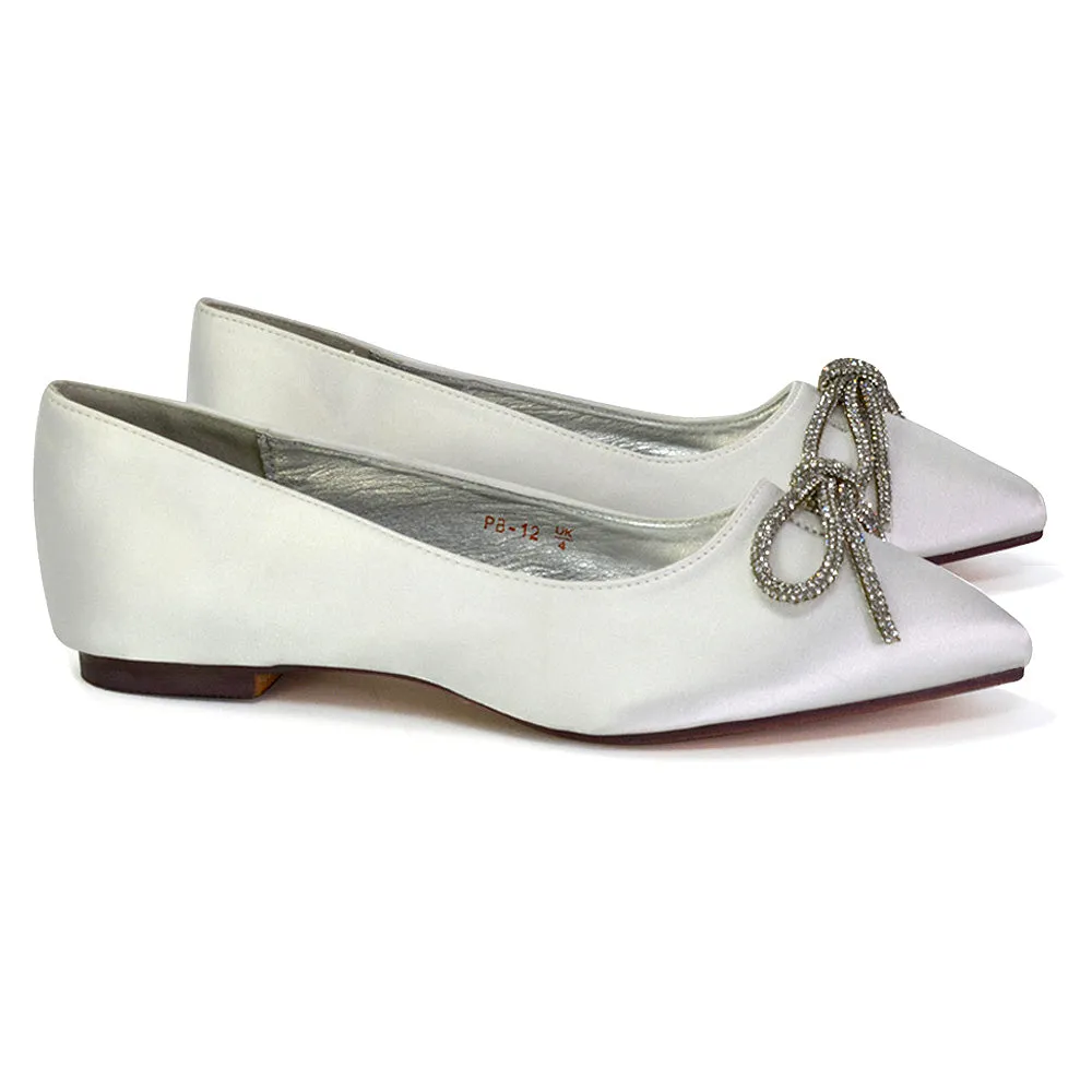 Blossom Diamante Bow Detail Pointed Toe Ballerina Pumps in Fuchsia