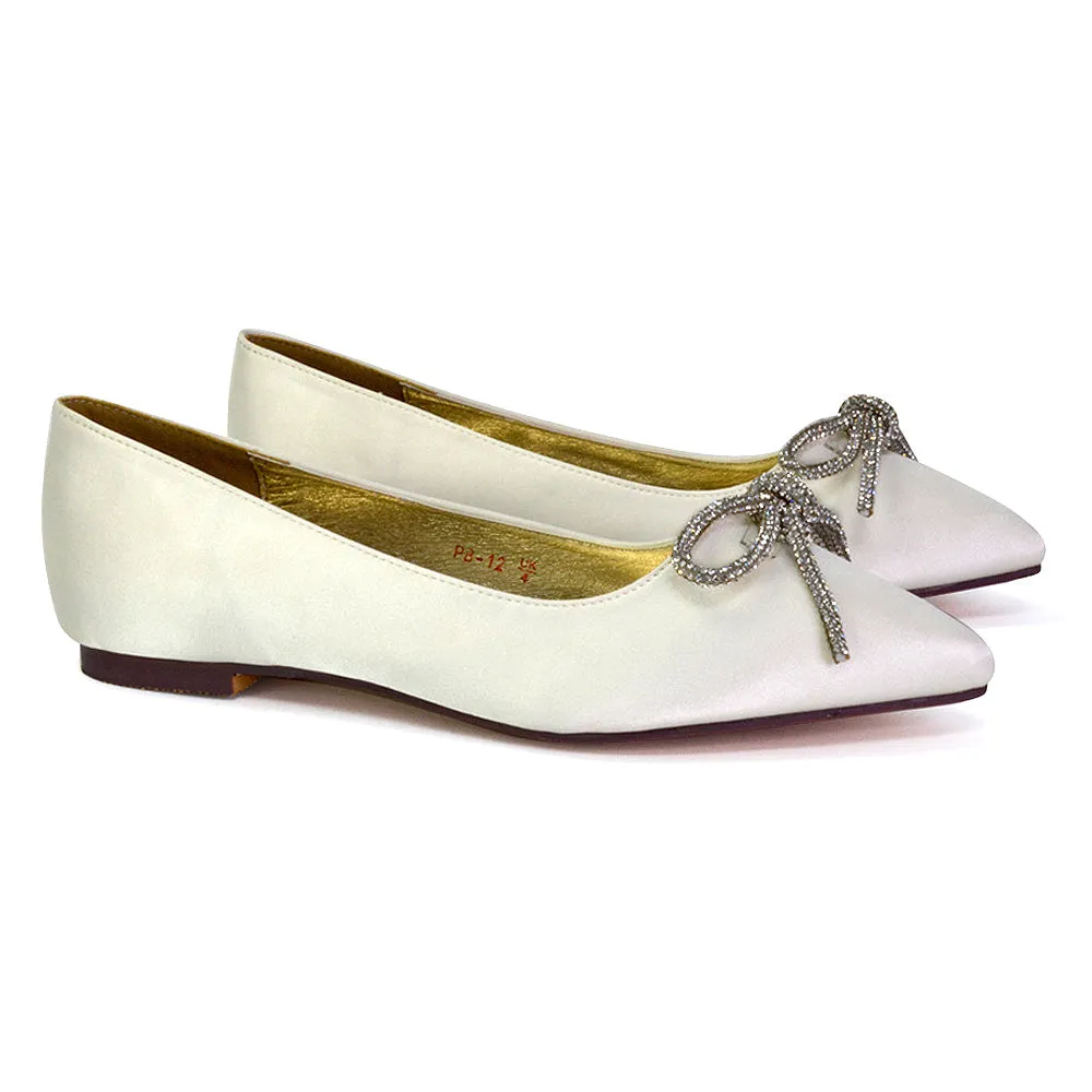 Blossom Diamante Bow Detail Pointed Toe Ballerina Pumps in Fuchsia