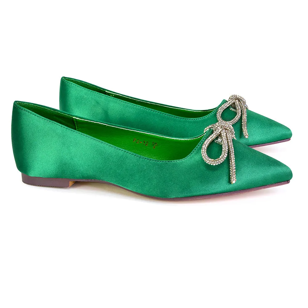 Blossom Diamante Bow Detail Pointed Toe Ballerina Pumps in Fuchsia