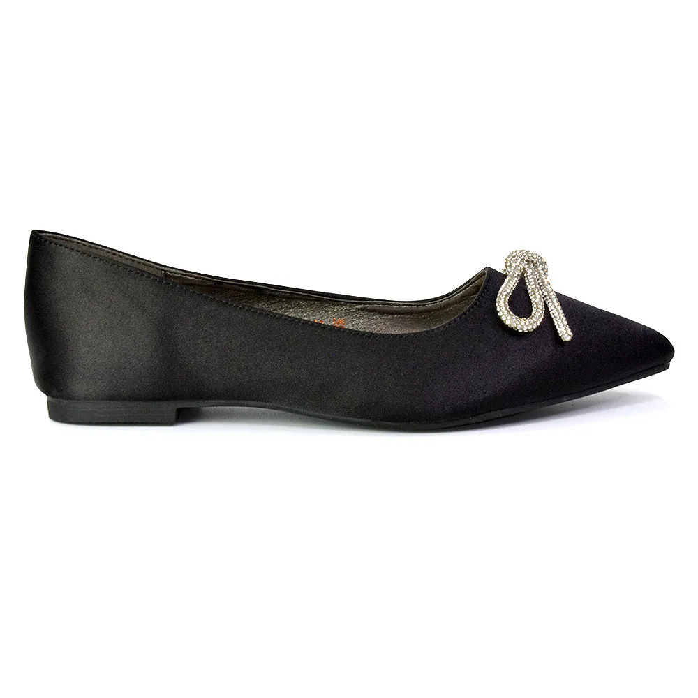 Blossom Diamante Bow Detail Pointed Toe Ballerina Pumps in Fuchsia