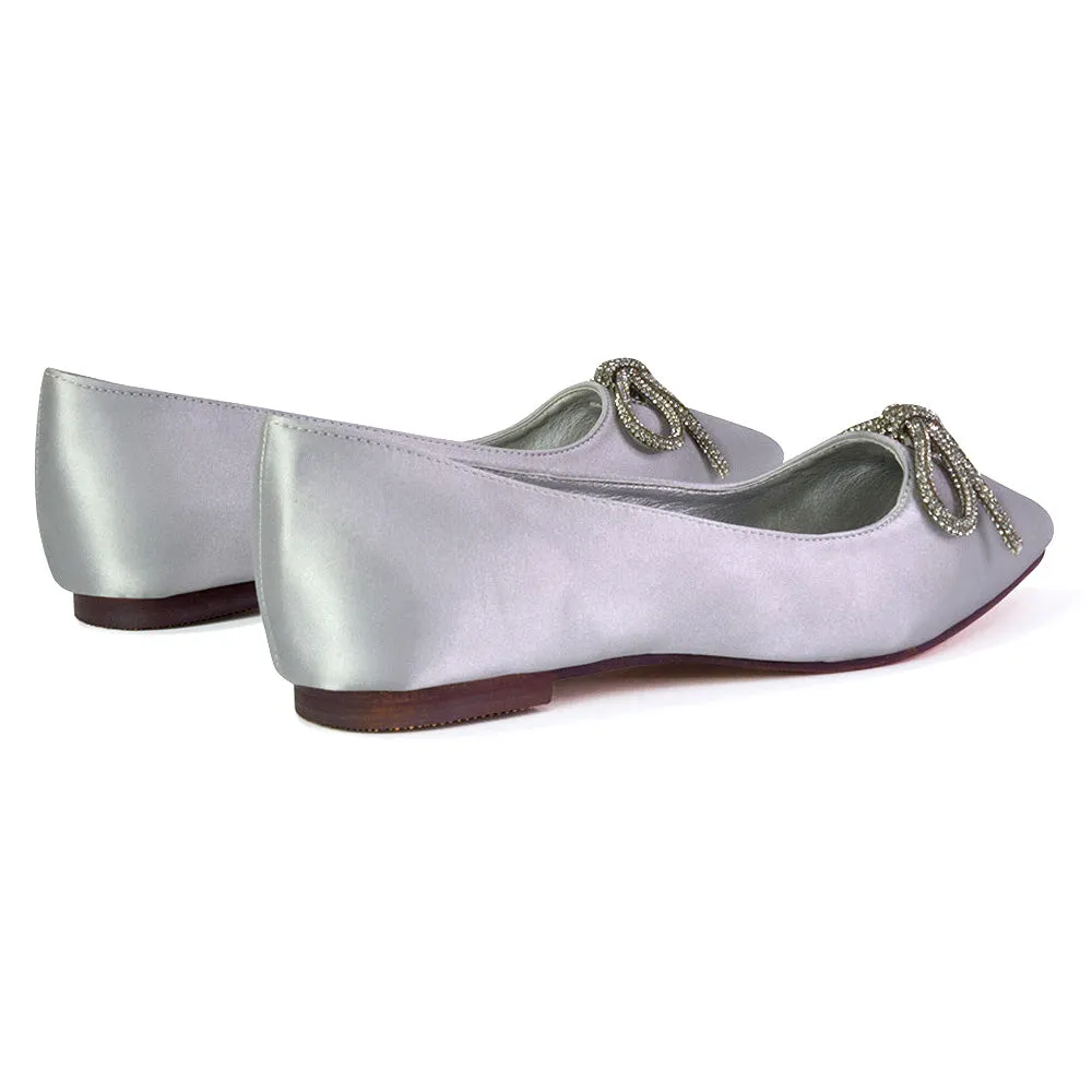 Blossom Diamante Bow Detail Pointed Toe Ballerina Pumps in Fuchsia