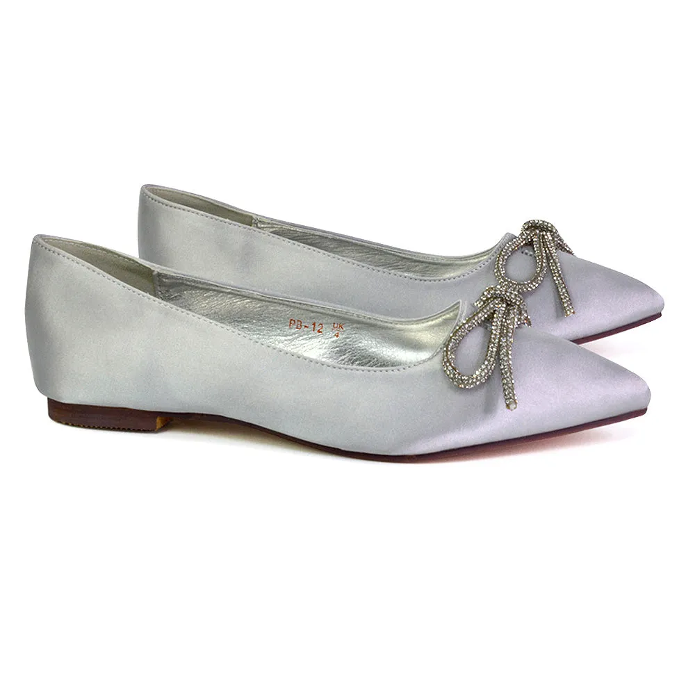 Blossom Diamante Bow Detail Pointed Toe Ballerina Pumps in Fuchsia