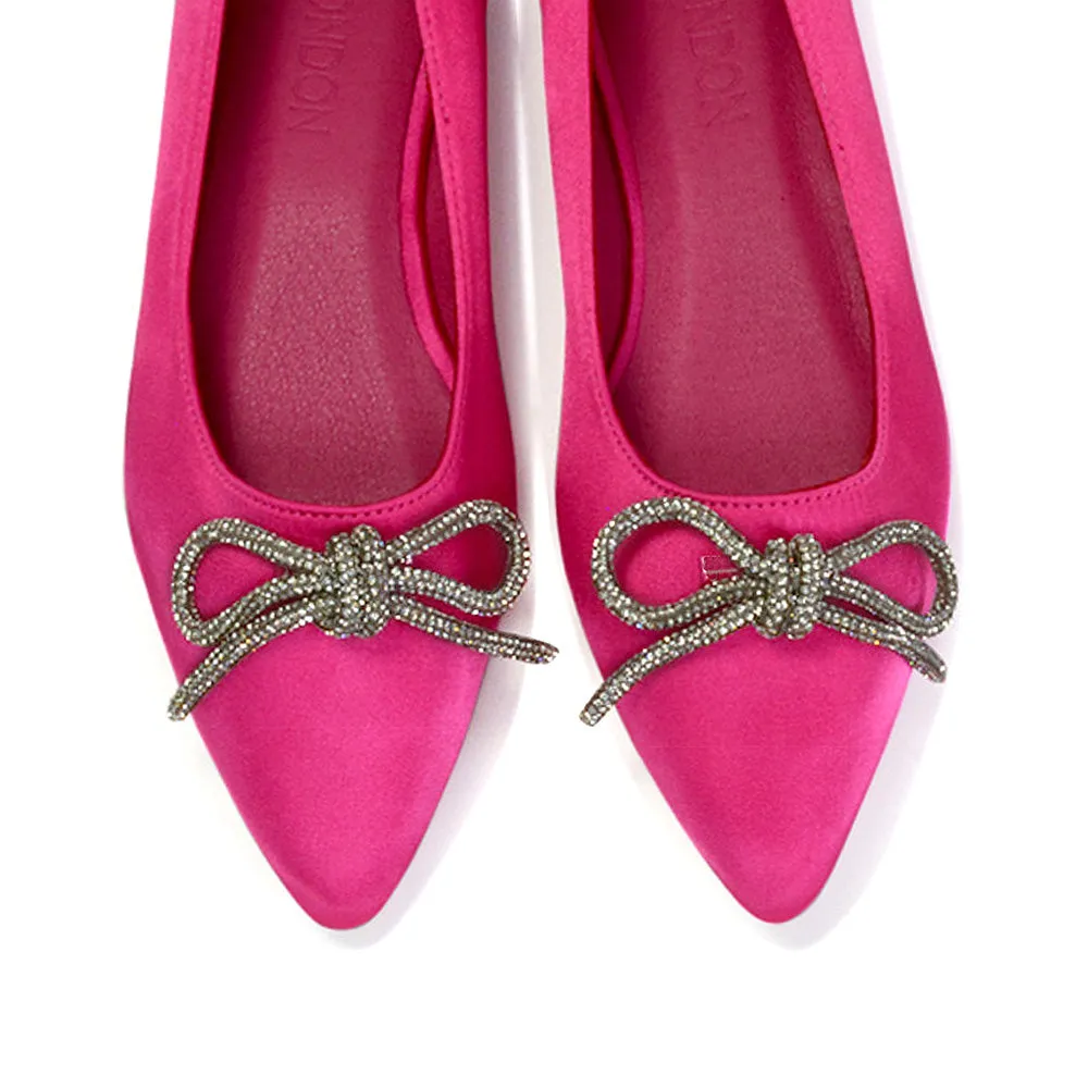 Blossom Diamante Bow Detail Pointed Toe Ballerina Pumps in Fuchsia