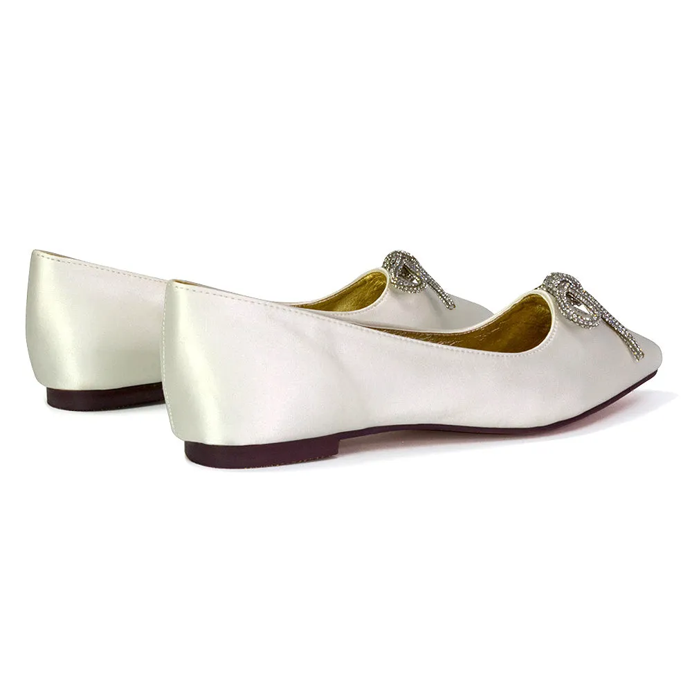 Blossom Diamante Bow Detail Pointed Toe Ballerina Pumps in Fuchsia