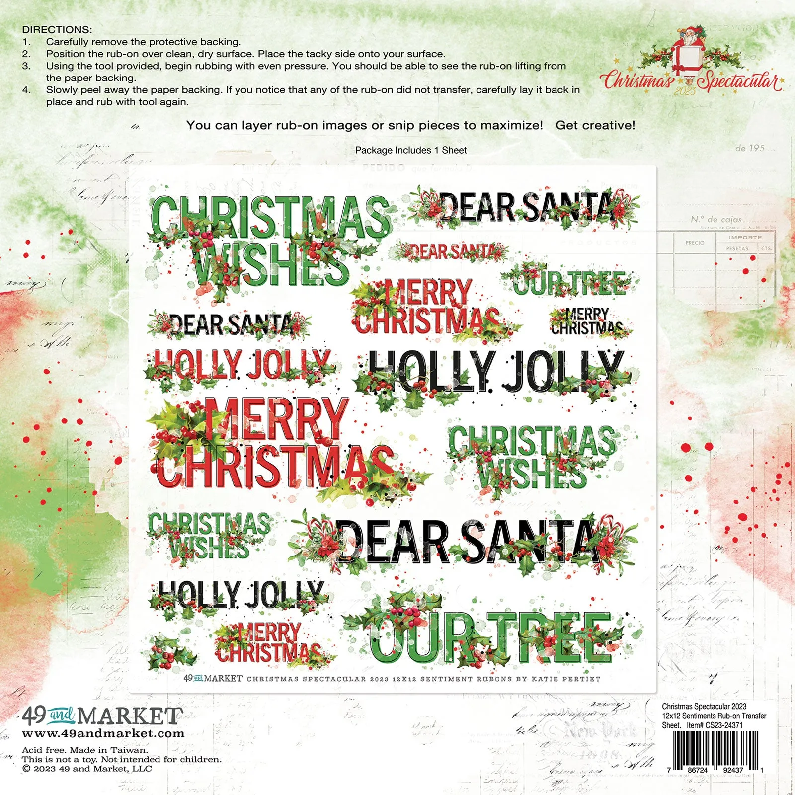 Christmas Spectacular 2023 - 12x12 Sentiments Rub-on Transfer Sheet