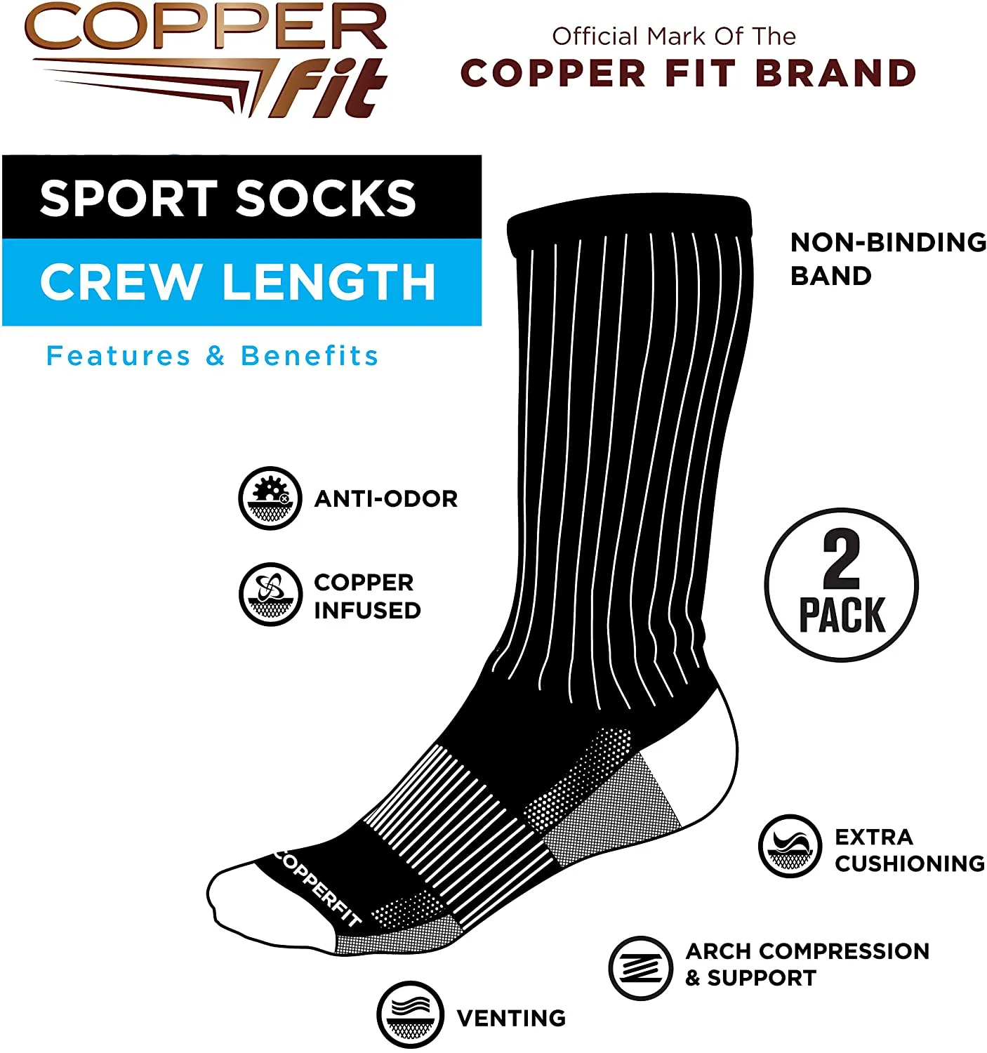 Copper Fit Crew Sport Socks-2 Pack