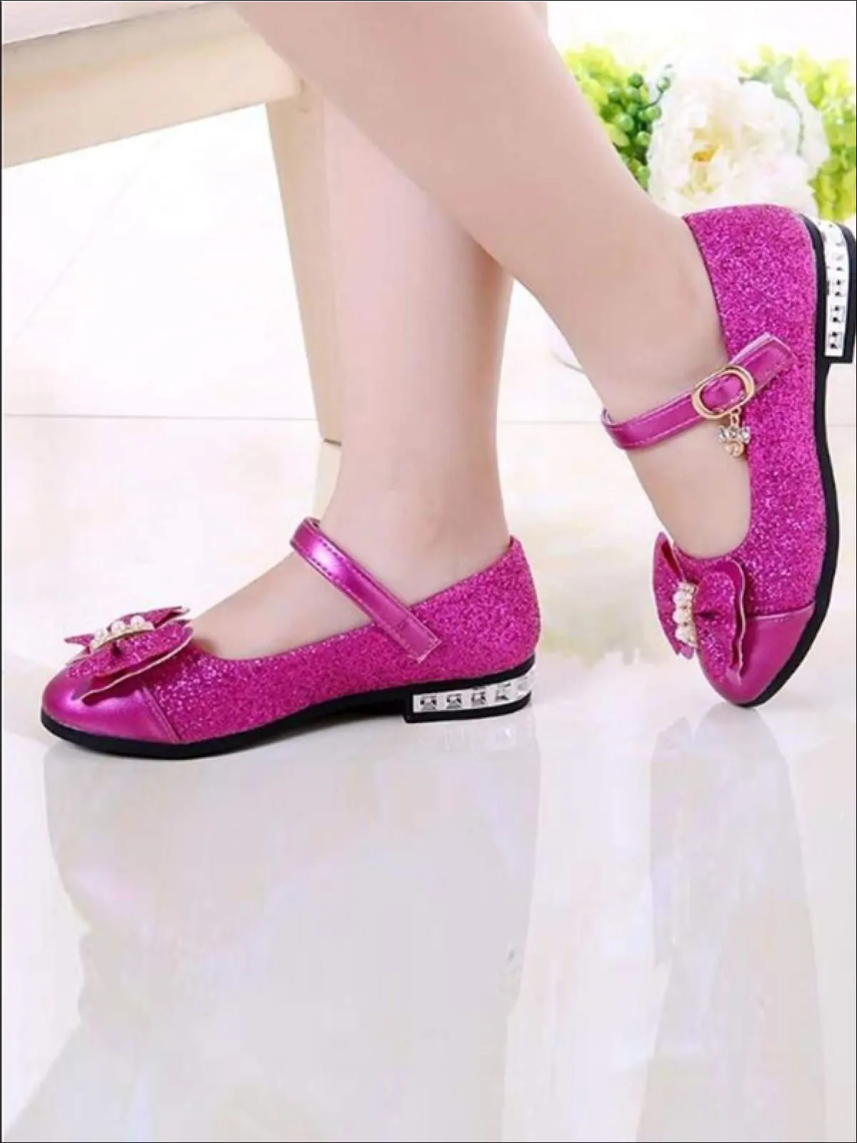 Girls Pearl Glitter Bow Tie Mary Jane Flats By Liv and Mia