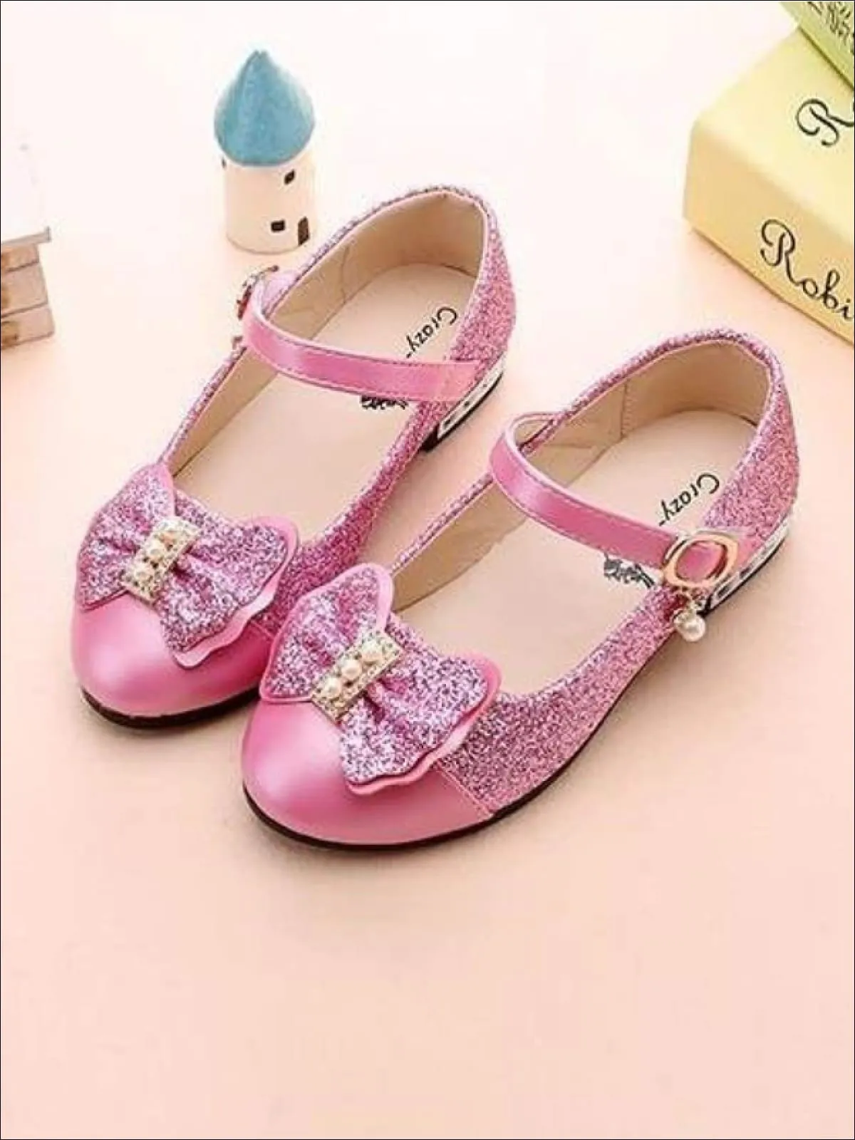 Girls Pearl Glitter Bow Tie Mary Jane Flats By Liv and Mia