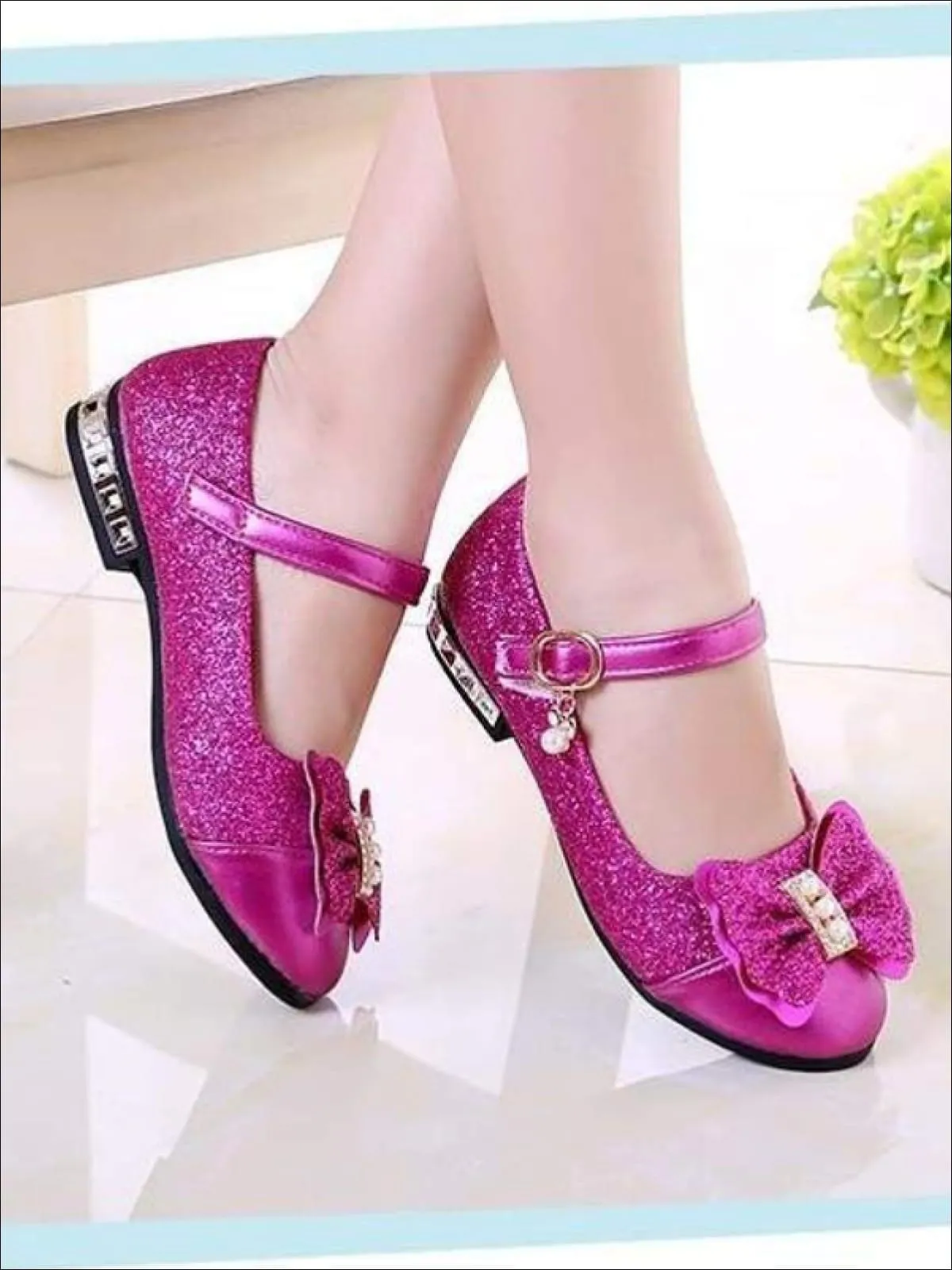 Girls Pearl Glitter Bow Tie Mary Jane Flats By Liv and Mia