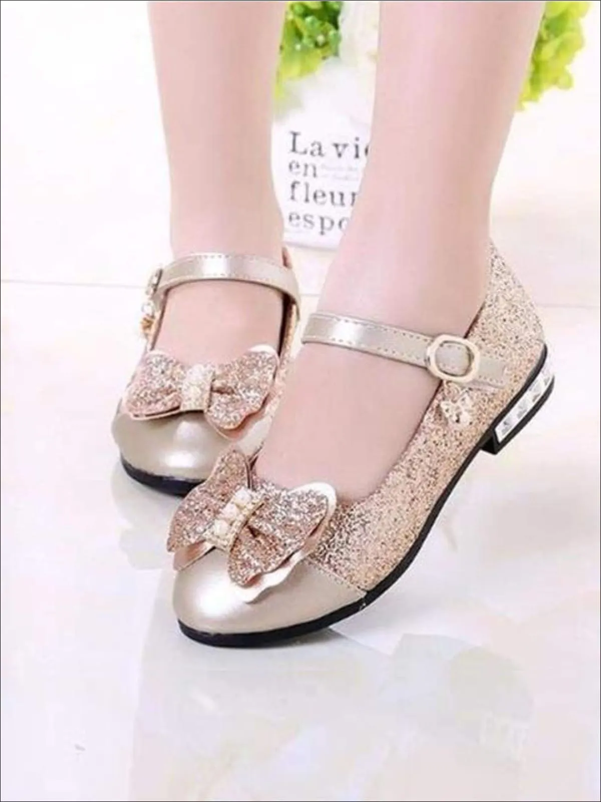 Girls Pearl Glitter Bow Tie Mary Jane Flats By Liv and Mia