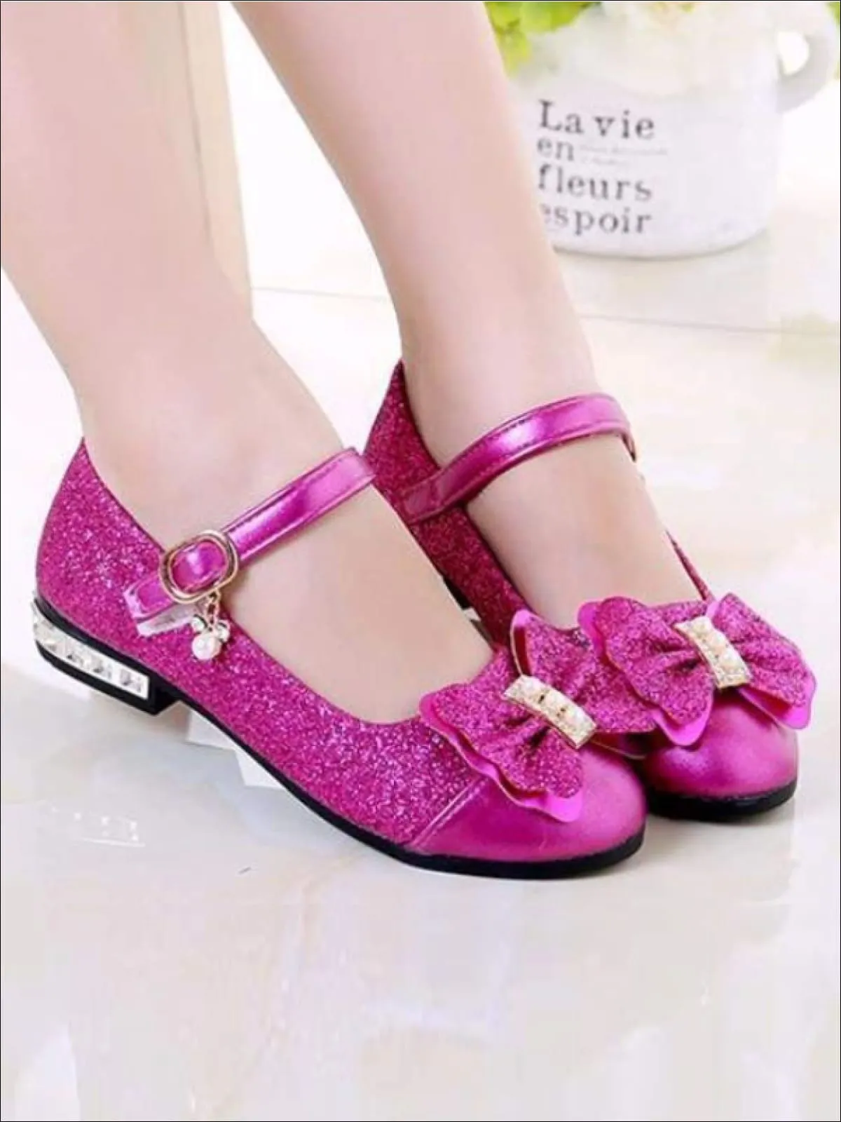 Girls Pearl Glitter Bow Tie Mary Jane Flats By Liv and Mia