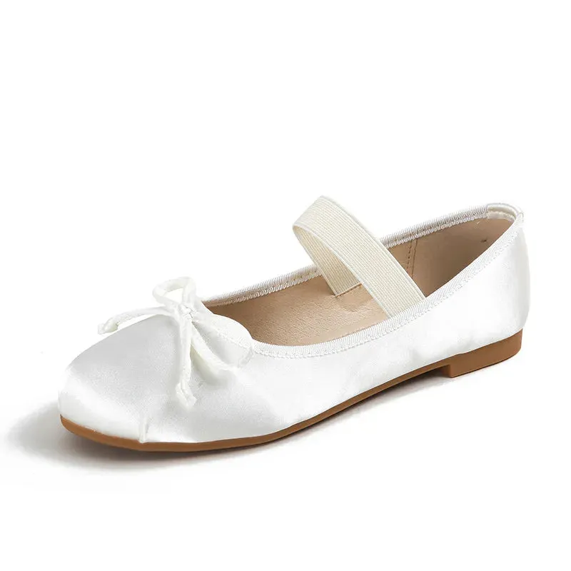 Hnzxzm Autumn Walking Women Ballet Flats Shallow Slip on High Quality Silk Sweet Bow Round Toe Plus Size Outdoor Ladies Mary Jane Shoes
