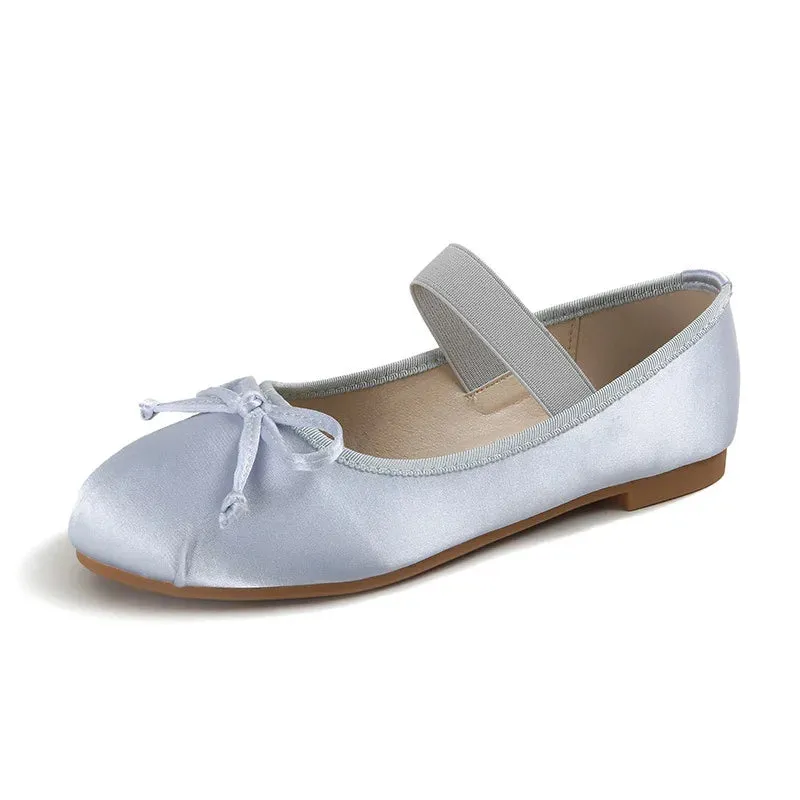 Hnzxzm Autumn Walking Women Ballet Flats Shallow Slip on High Quality Silk Sweet Bow Round Toe Plus Size Outdoor Ladies Mary Jane Shoes