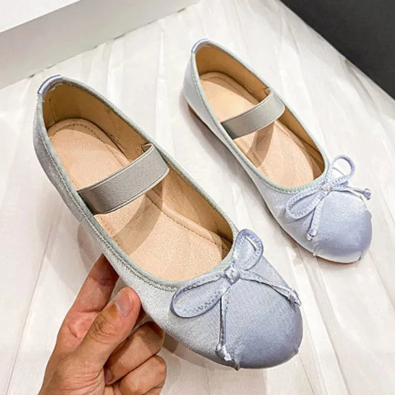 Hnzxzm Autumn Walking Women Ballet Flats Shallow Slip on High Quality Silk Sweet Bow Round Toe Plus Size Outdoor Ladies Mary Jane Shoes