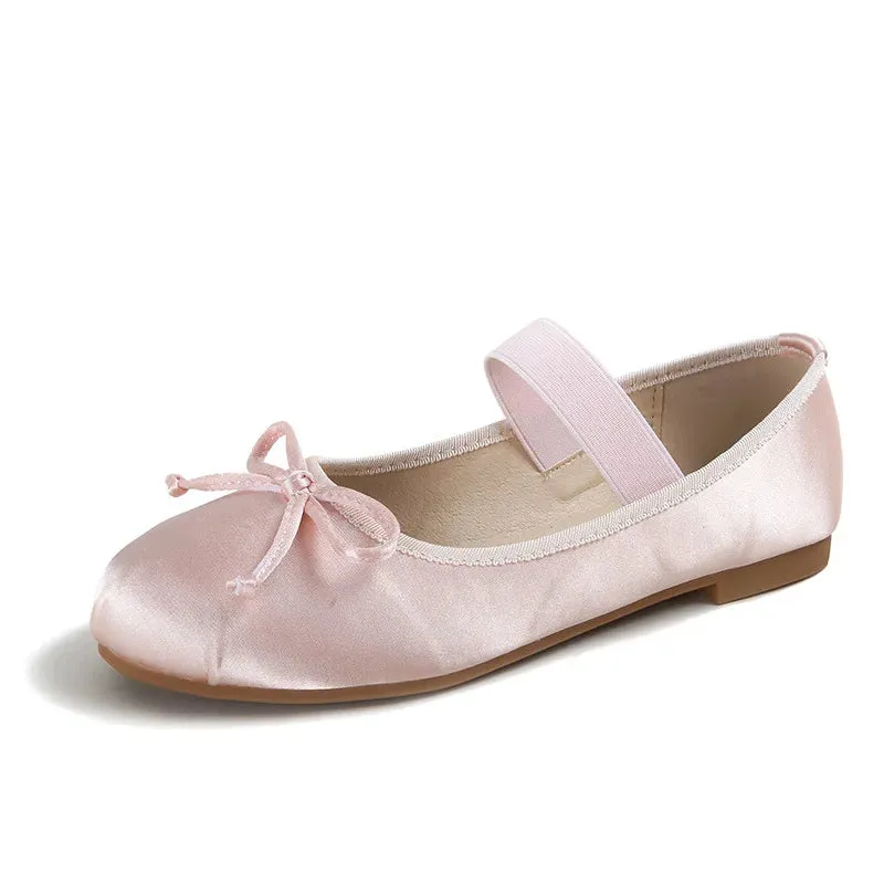 Hnzxzm Autumn Walking Women Ballet Flats Shallow Slip on High Quality Silk Sweet Bow Round Toe Plus Size Outdoor Ladies Mary Jane Shoes