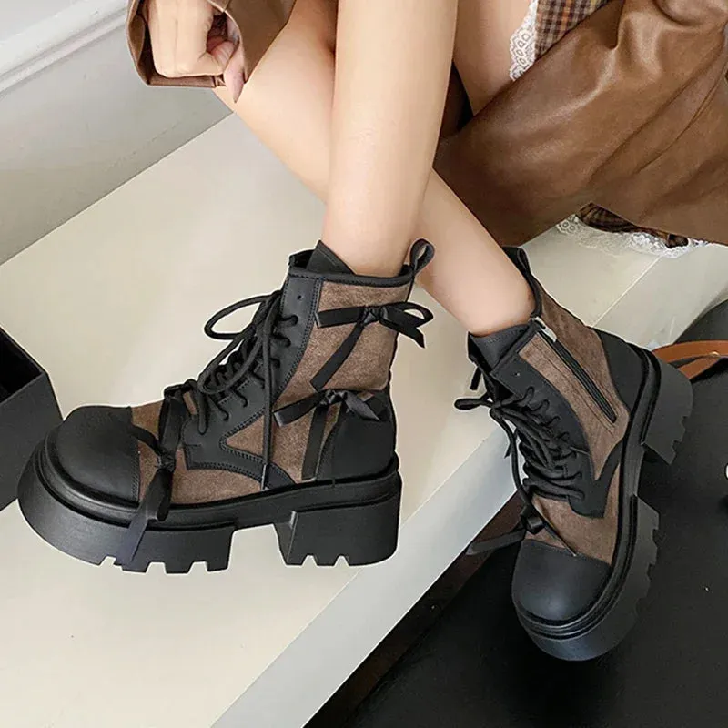 Hnzxzm Flats Women Ankle Chelsea Boots Fashion Platform Designer Bow Shoes New Trend Goth Boots Lace Up Zapatillas Mujer