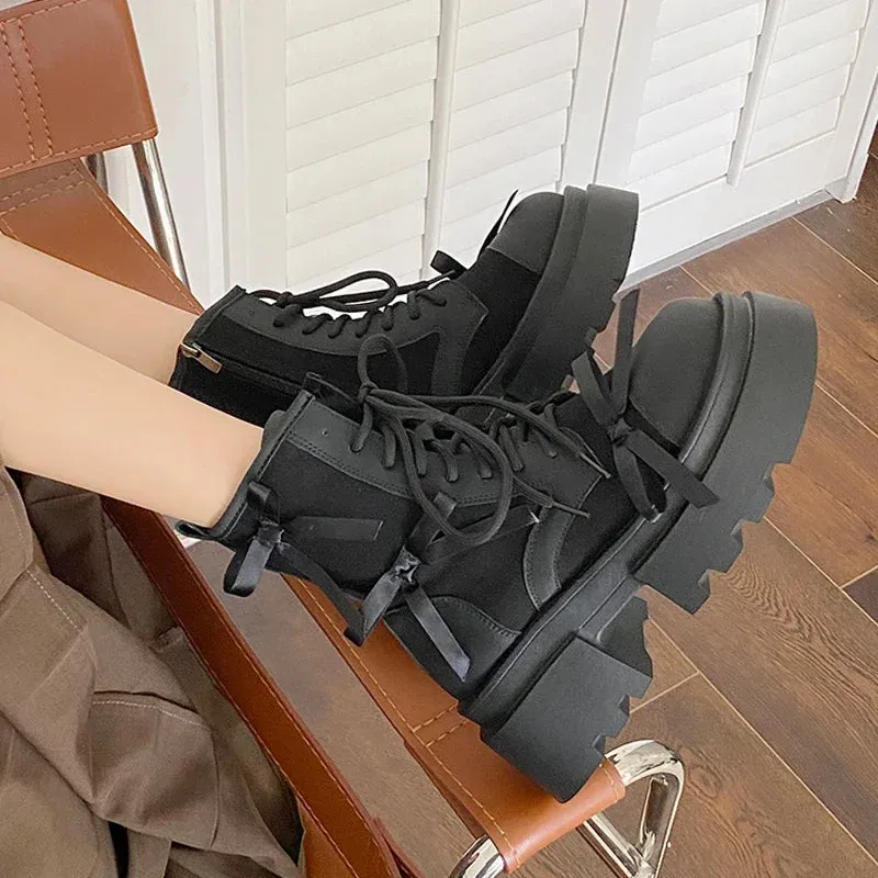 Hnzxzm Flats Women Ankle Chelsea Boots Fashion Platform Designer Bow Shoes New Trend Goth Boots Lace Up Zapatillas Mujer