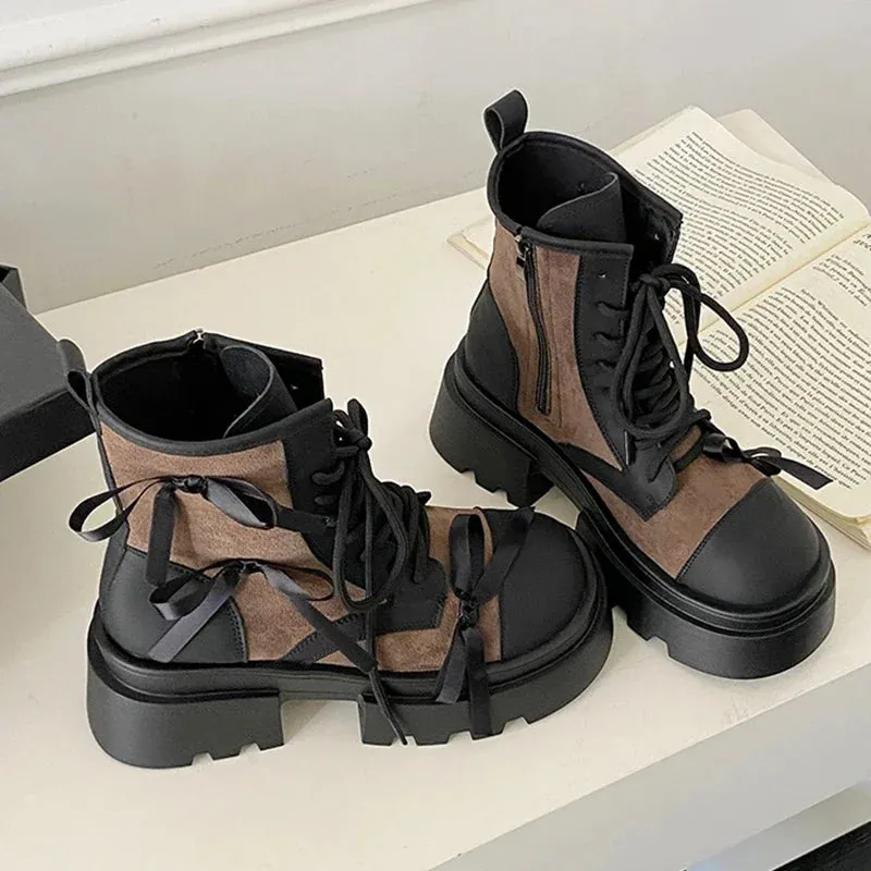 Hnzxzm Flats Women Ankle Chelsea Boots Fashion Platform Designer Bow Shoes New Trend Goth Boots Lace Up Zapatillas Mujer
