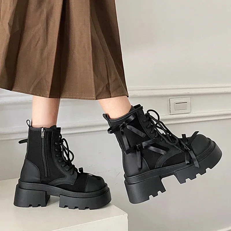 Hnzxzm Flats Women Ankle Chelsea Boots Fashion Platform Designer Bow Shoes New Trend Goth Boots Lace Up Zapatillas Mujer