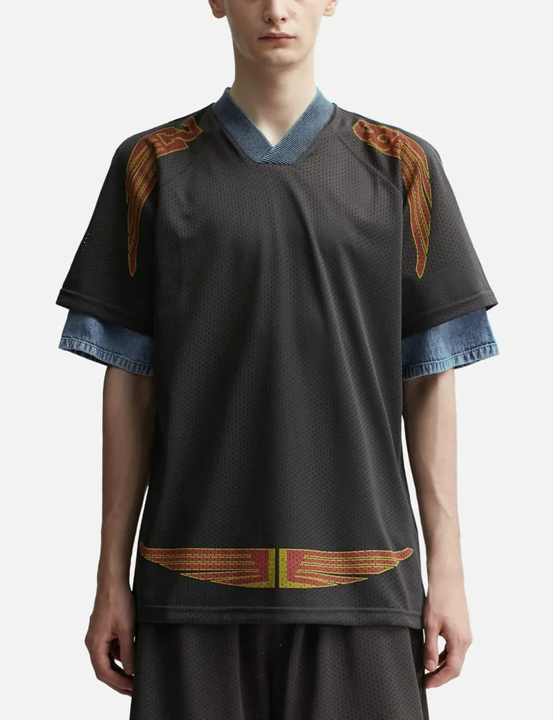 Layered polo shirt in mesh and jersey
