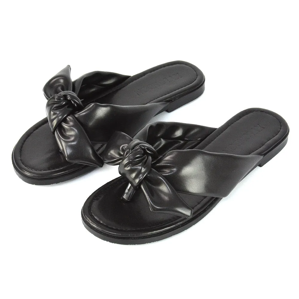 Marleigh Bow Detail Toe Post Flat Sandal Slides in MINT SYNTHETIC LEATHER