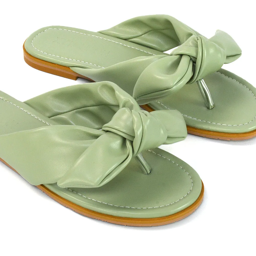 Marleigh Bow Detail Toe Post Flat Sandal Slides in MINT SYNTHETIC LEATHER