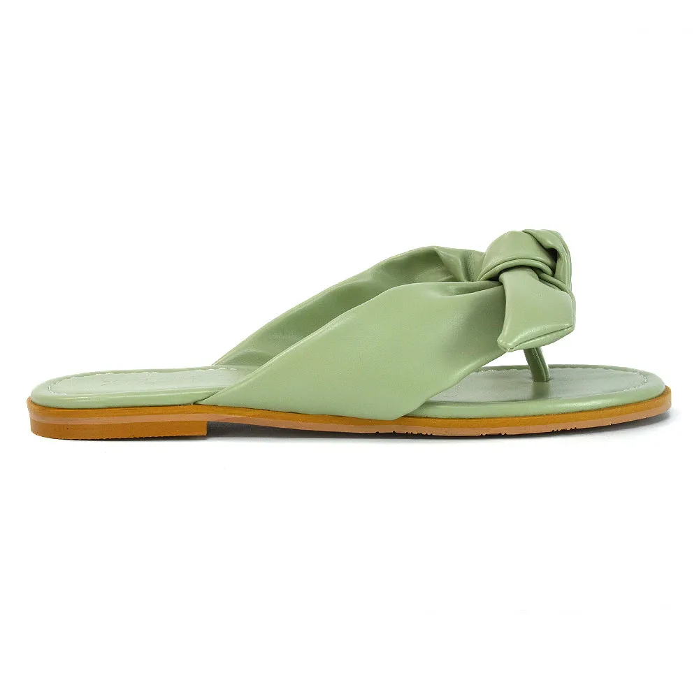 Marleigh Bow Detail Toe Post Flat Sandal Slides in MINT SYNTHETIC LEATHER
