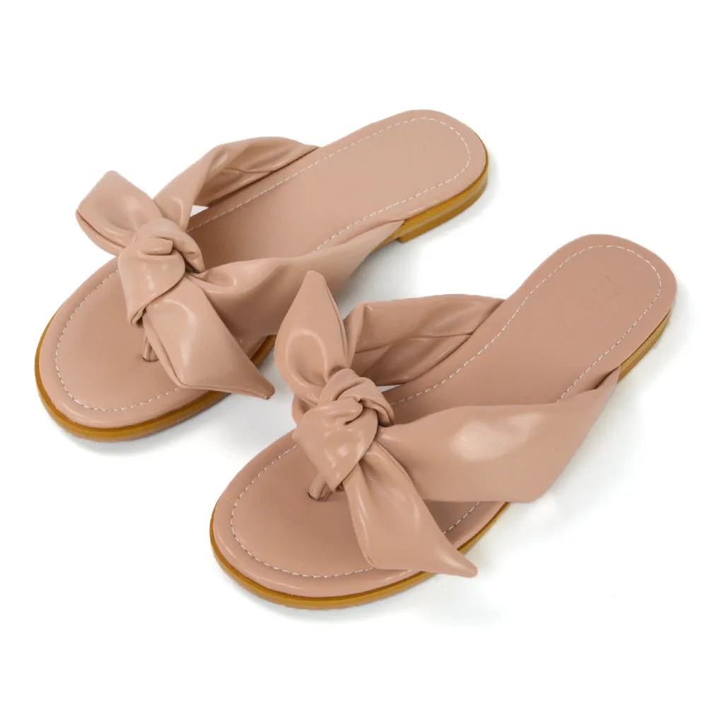 Marleigh Bow Detail Toe Post Flat Sandal Slides in MINT SYNTHETIC LEATHER