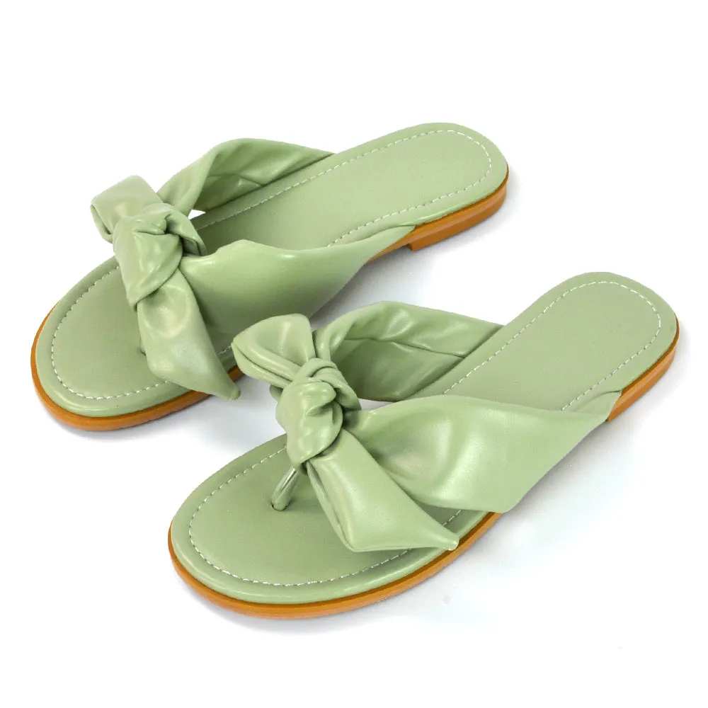 Marleigh Bow Detail Toe Post Flat Sandal Slides in MINT SYNTHETIC LEATHER