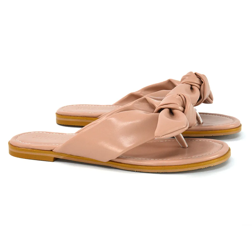 Marleigh Bow Detail Toe Post Flat Sandal Slides in MINT SYNTHETIC LEATHER