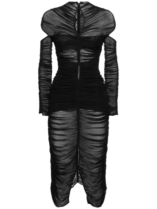 MUGLER   Draped mesh maxi dress w/ cutouts 