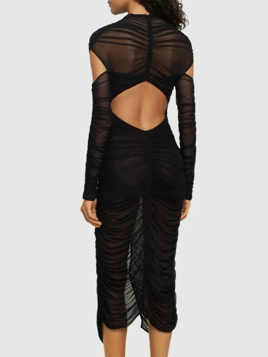 MUGLER   Draped mesh maxi dress w/ cutouts 
