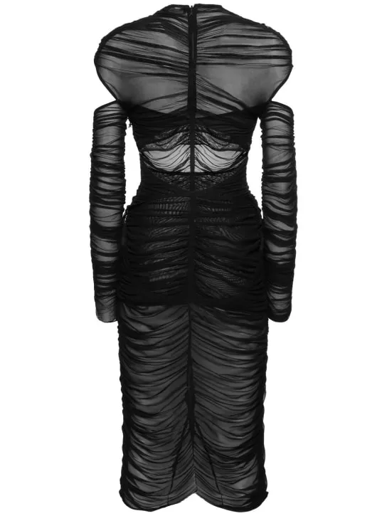 MUGLER   Draped mesh maxi dress w/ cutouts 