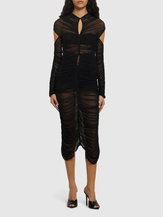 MUGLER   Draped mesh maxi dress w/ cutouts 