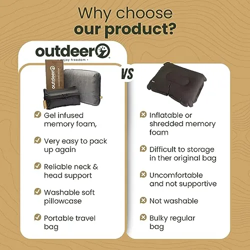 OUTDEER Camping Pillow, Compressible Memory Foam Travel & Camp Pillow for Sleeping Bag with Washable Fleece Pillowcase & Portable Storage Bag, Lightweight, Easy Carry for Outdoors Backpacking Pillow